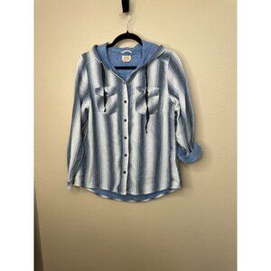 Boston Traders Womens Blue White Striped Blouse L Hooded Button-Up cotton
